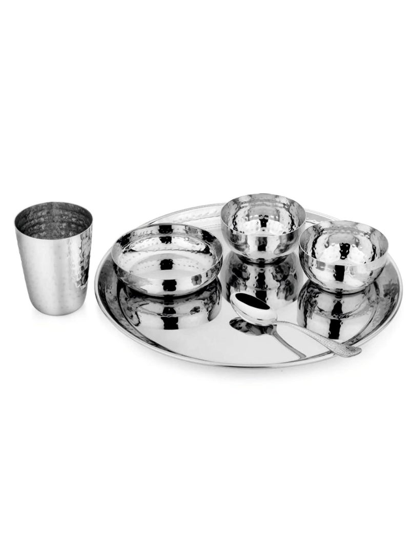 Prabha Stainless Steel Galaxy Hammered Thali Laser- Ultimate Home & Kitchen Companion 1 thali (3 Bowls) 1 Glass and 1 Spoon Authentic Indian Dining Collection - Silver Dinner Set - Image 1