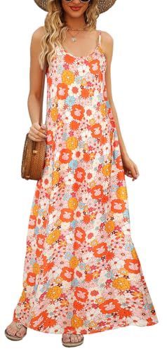Supnier Women Summer Casual Print Backless Maxi Loose Boho Beach Sundress with Pockets(M,Floral Orange) - Image 1