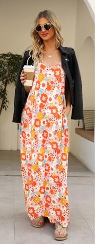 Supnier Women Summer Casual Print Backless Maxi Loose Boho Beach Sundress with Pockets(M,Floral Orange) - Image 2