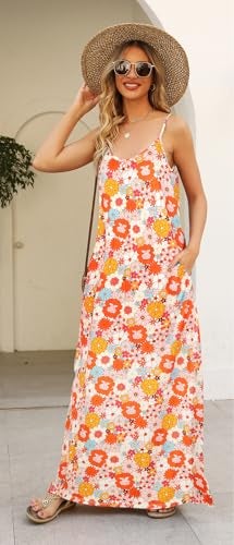 Supnier Women Summer Casual Print Backless Maxi Loose Boho Beach Sundress with Pockets(M,Floral Orange) - Image 3