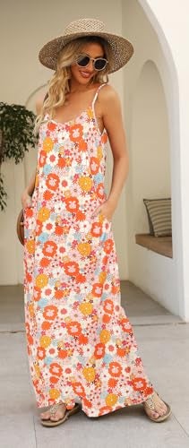 Supnier Women Summer Casual Print Backless Maxi Loose Boho Beach Sundress with Pockets(M,Floral Orange) - Image 5