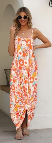 Supnier Women Summer Casual Print Backless Maxi Loose Boho Beach Sundress with Pockets(M,Floral Orange) - Image 4