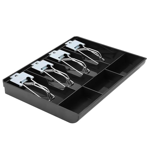 GOBBLER Cash Tray 4 Bill / 3 Coin, Durable ABS Cash Money Organiser with Stainless Steel Metal Clips (Black) - 4B3C - Image 1