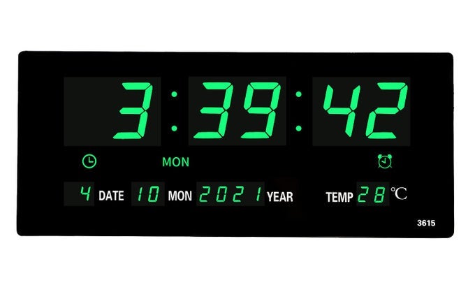 141 INCH OVERSIZED LED DIGITAL WALL CLOCK WITH INDOOR TEMPERATURE SECONDS DATE DAY MEMORY FUNCTION ADAPTER INCLUDED WALL DECORATIVE FOR LIVING ROOM OFFICE CONFERENCE ROOM BEDROOMGREEN