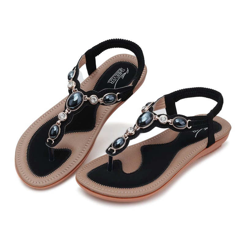 SHIBEVER Flat Sandals for Women Dressy: Black Size 7 Summer Comfort Boho Dress Sandals - Comfortable Walking Dressy Slip on Flats Womens Sandal - Image 1