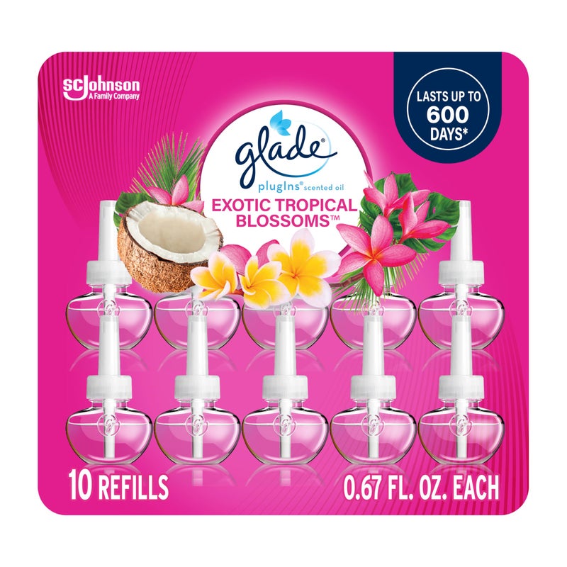 Glade PlugIns Refills Air Freshener, Scented and Essential Oils for Home and Bathroom, Exotic Tropical Blossoms, 6.7 Fl Oz, 10 Count - Image 1