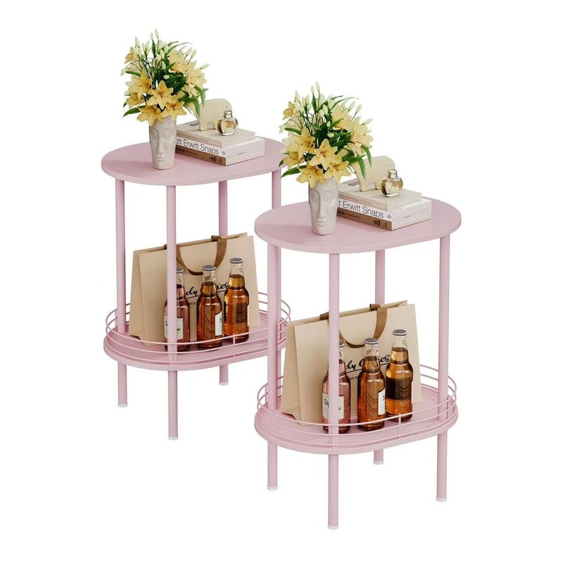 DGSANDGO Pink Side Table Set of 2,Small Modern Round Side Table with Storage,2-Tier End Table for Small Space -Living Room,Bedroom, Nursery (2PC,Pink) - Image 1