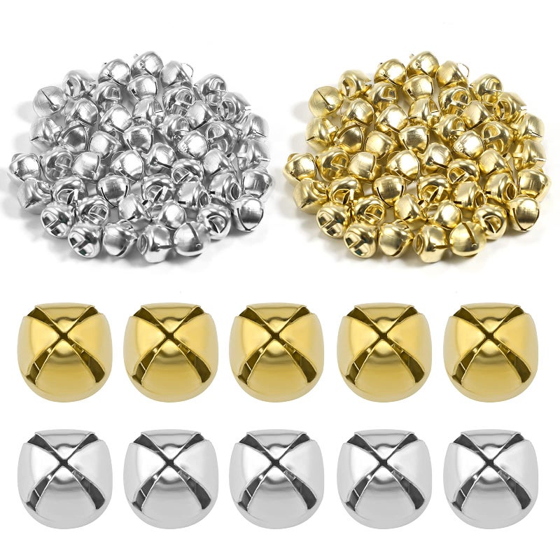 SAVITA 100pcs Christmas Jingle Bells Small Metal Craft Bells for DIY Festival Home Christmas Decoration 50pcs Silver and 50pcs Gold 05 inch