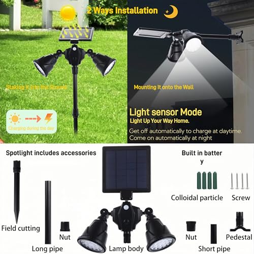 MOLEBIT Solar Outdoor Spotlights, 1400-Lumens Bright 36 LED Motion Sensor Spot Lights Waterproof Double Head Security Light Wall Lights Landscape Light for Patio Deck Yard Garden Driveway Lighting - Image 3