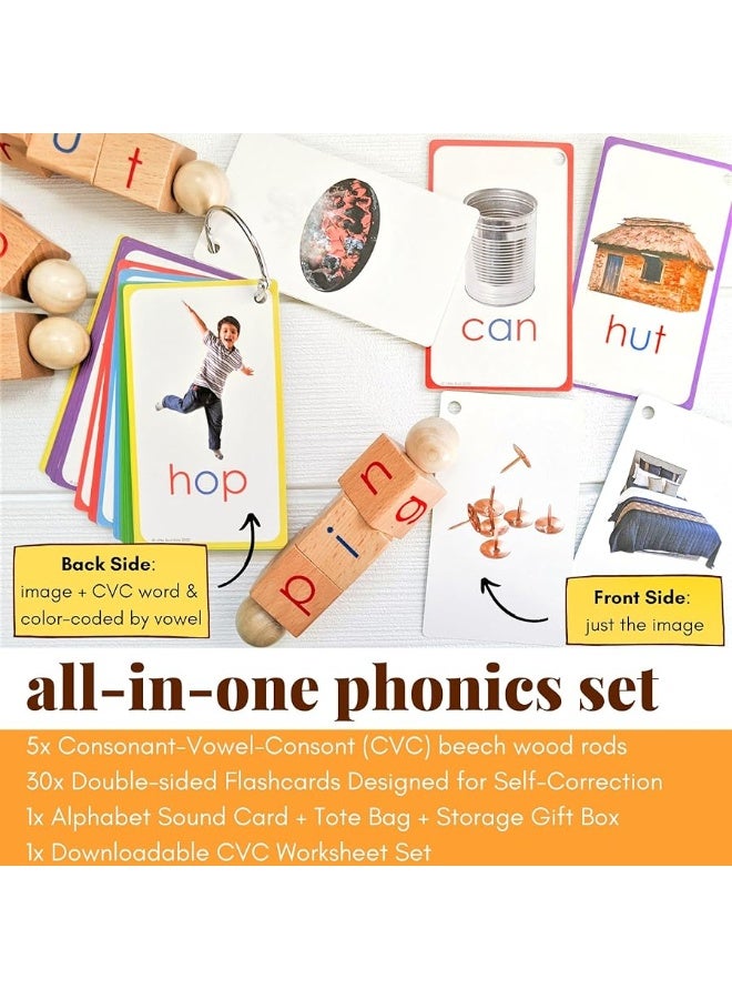 LITTLE BUD KIDS Spin-and-Read Montessori Phonetic Reading Blocks with CVC Phonics Flashcards for Beginner Readers, Montessori Reading Wooden Toys for 3 Years +  - Image 1
