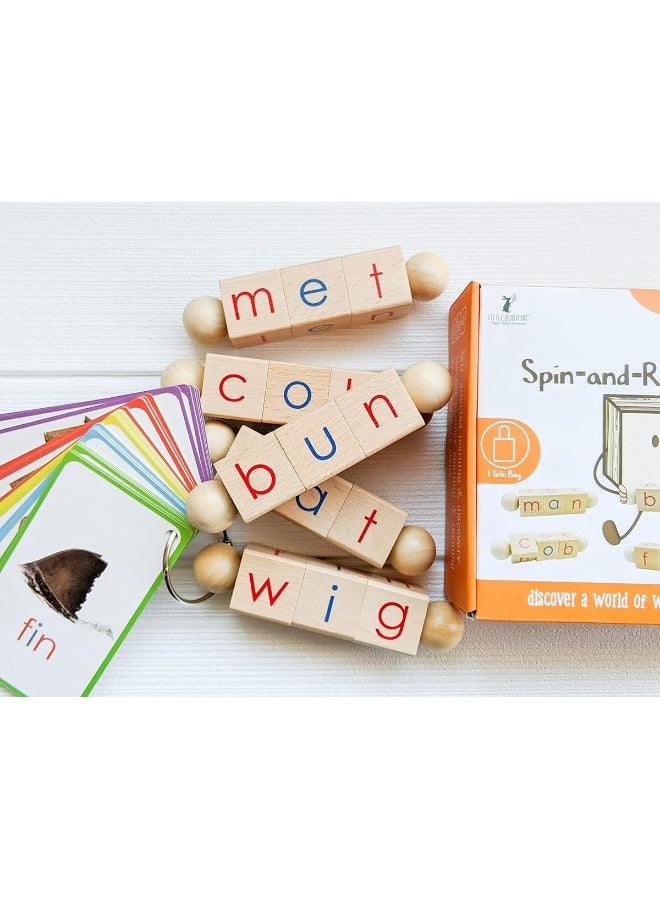 LITTLE BUD KIDS Spin-and-Read Montessori Phonetic Reading Blocks with CVC Phonics Flashcards for Beginner Readers, Montessori Reading Wooden Toys for 3 Years +  - Image 2