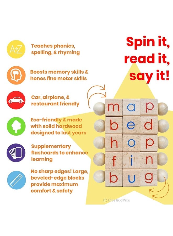 LITTLE BUD KIDS Spin-and-Read Montessori Phonetic Reading Blocks with CVC Phonics Flashcards for Beginner Readers, Montessori Reading Wooden Toys for 3 Years +  - Image 5