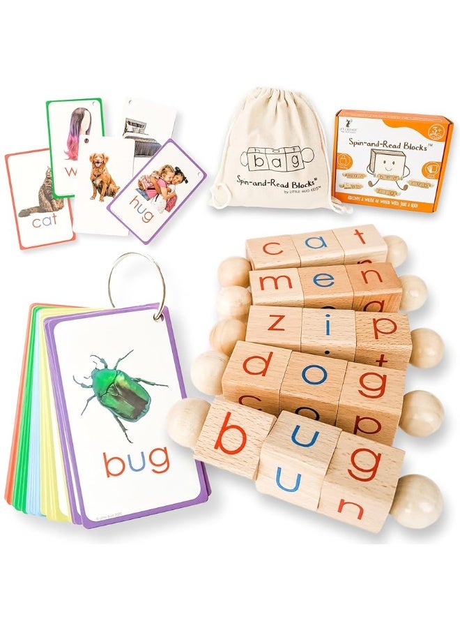 LITTLE BUD KIDS Spin-and-Read Montessori Phonetic Reading Blocks with CVC Phonics Flashcards for Beginner Readers, Montessori Reading Wooden Toys for 3 Years +  - Image 3
