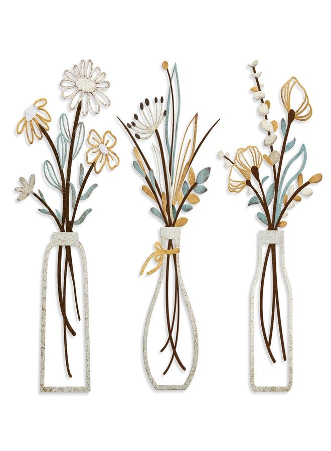 Pigort 3 Pieces Metal Flowers Wall Art- Rustic Farmhouse Decor Minimalist Decor for Living Room Bathroom Bedroom Dining Room, Housewarming Gifts Christmas Decoration(Beige, Vase-C) - Image 1