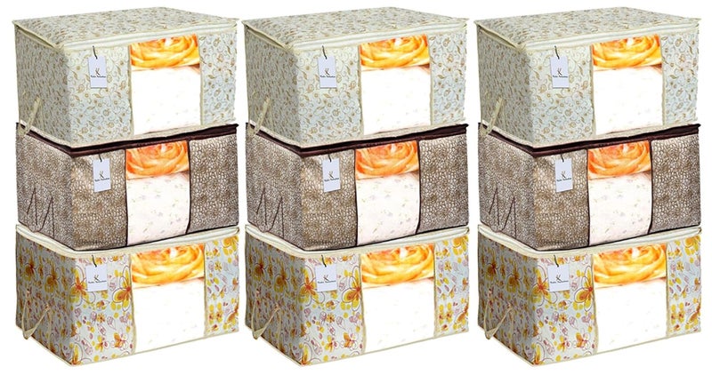 Kuber Industries Metalic Printed 9 Piece Non Woven Fabric Underbed Storage BagCloth OrganiserBlanket Cover with Transparent Window Brown Golden Brown Ivory Red CTKTC41218 - Image 1