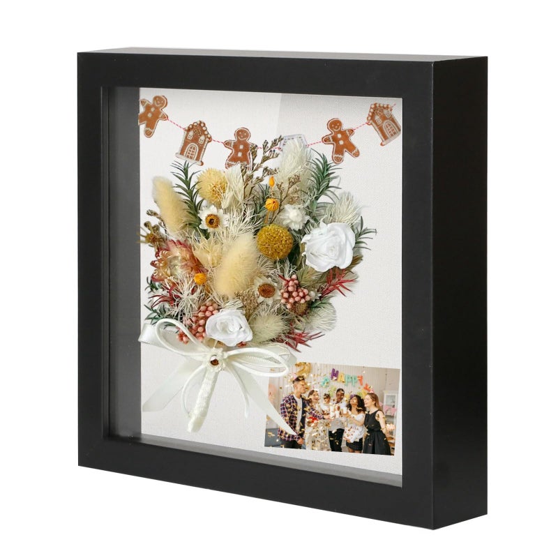 Muzilife 8x8 Shadow Box Freath مع لوحة الكتان - Deep Wood & Glass Display Case جاهزة لتعليق الذاكرة التذكارية الرياضية المذكورة لدامبات التذكارات ميداليات ميداليات وصور (أسود)