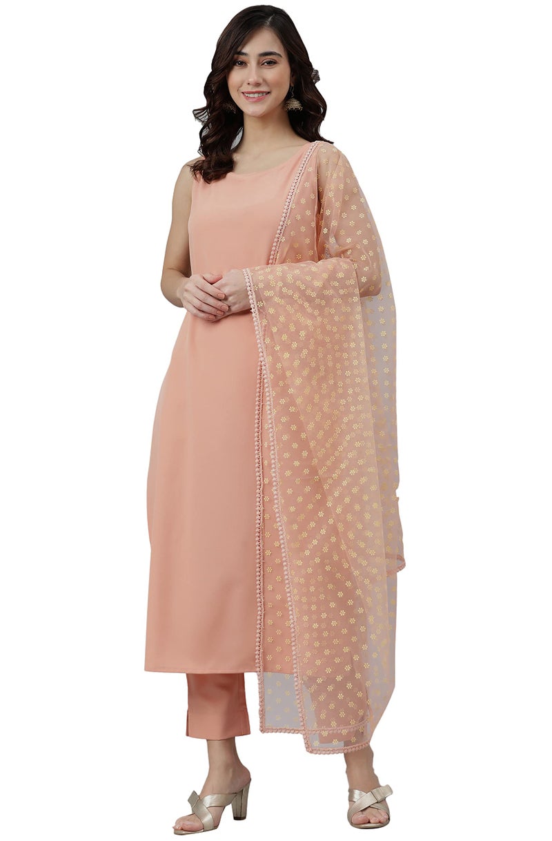 Janasya Women's Peach Poly Crepe Solid Kurta with Pant and Dupatta(SET392-KR-NP-S) - Image 1