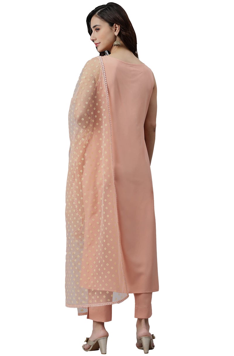 Janasya Women's Peach Poly Crepe Solid Kurta with Pant and Dupatta(SET392-KR-NP-S) - Image 4