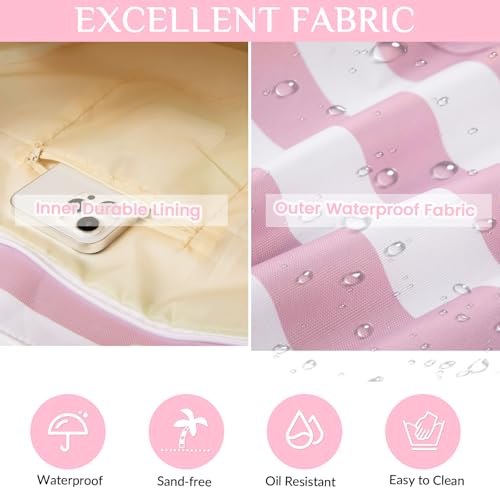 fauson Beach Bags for Women - Large Beach Tote Bag Waterproof Sandproof with Zipper, Swiming Pool Bag (Pink) - Image 4