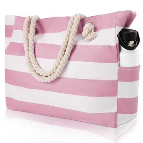 fauson Beach Bags for Women - Large Beach Tote Bag Waterproof Sandproof with Zipper, Swiming Pool Bag (Pink) - Image 1