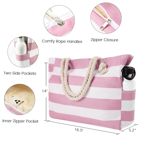 fauson Beach Bags for Women - Large Beach Tote Bag Waterproof Sandproof with Zipper, Swiming Pool Bag (Pink) - Image 5