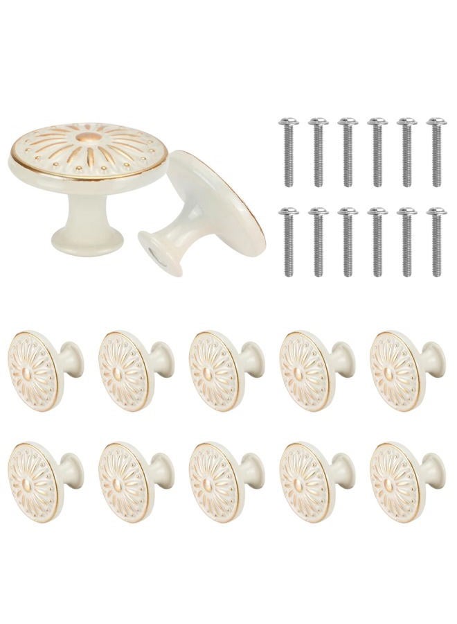 IUMLXJO 12PCS Antique Cabinet Knobs with Screws, Vintage Flower Pattern Round Kitchen Cupboard Handles 1.18'' Drawer Knobs Retro Bronze Cabinet Pull Handles for Wardrobe Door (Ivory White) - Image 1