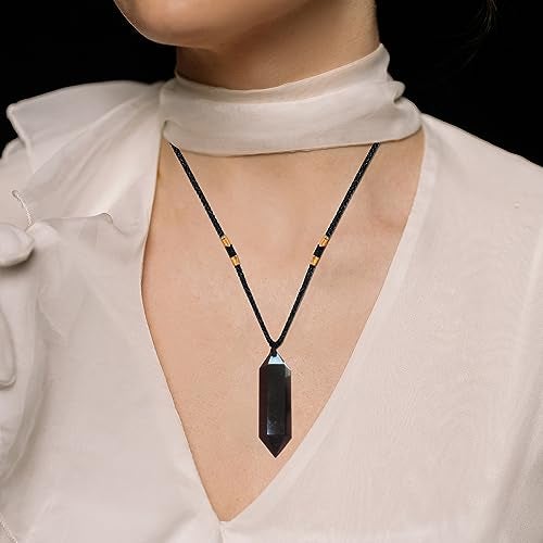 Runyangshi Black Obsidian Healing Crystal Pendants, Double Pointed Natural Crystal Quartz Necklace 6 Faceted Chakra Crystal Wand Stone - Image 4