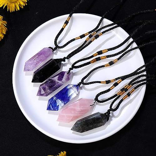 Runyangshi Black Obsidian Healing Crystal Pendants, Double Pointed Natural Crystal Quartz Necklace 6 Faceted Chakra Crystal Wand Stone - Image 3