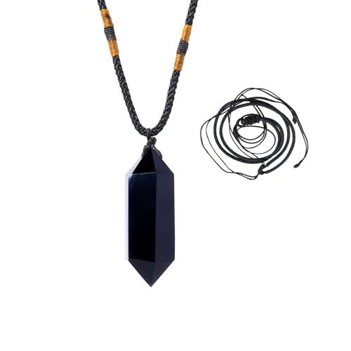 Runyangshi Black Obsidian Healing Crystal Pendants, Double Pointed Natural Crystal Quartz Necklace 6 Faceted Chakra Crystal Wand Stone - Image 1