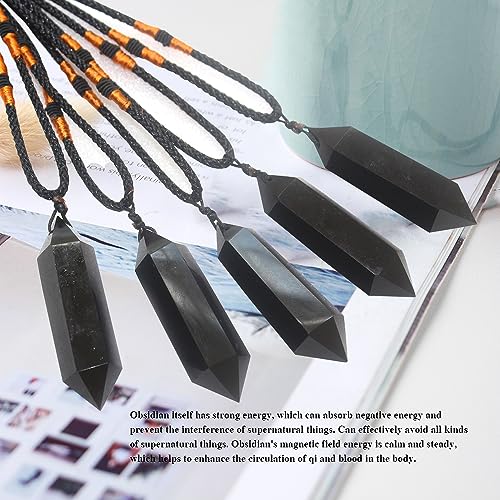 Runyangshi Black Obsidian Healing Crystal Pendants, Double Pointed Natural Crystal Quartz Necklace 6 Faceted Chakra Crystal Wand Stone - Image 5