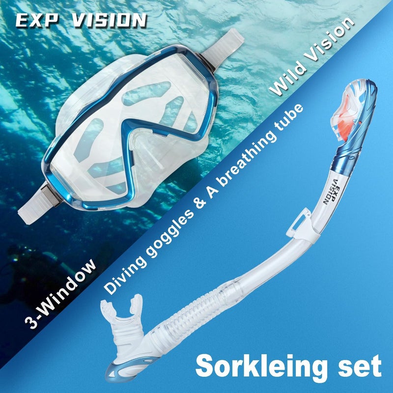 EXP VISION Trockenschnorchel-Set, Pano 3-Fenster-Schnorchelmaske, Anti-Fog-Taucherbrille und Schnorchel, professionelle Schnorchelausrüstung für Erwachsene - Image 4