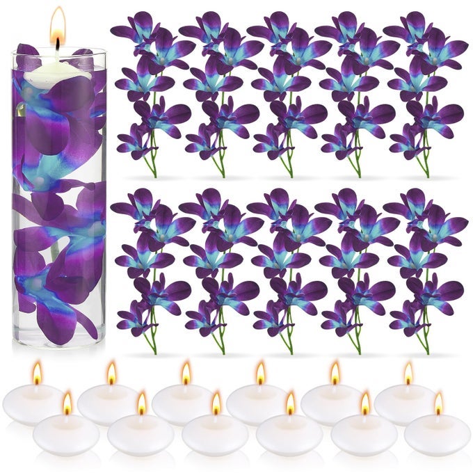 FLOATING FLOWERS FOR CENTERPIECES BLUE FAUX ORCHID FLOWERS VASE FILLERS FLOATING CANDLES PURPLE ORCHID WEDDING TABLE DECOR FILLING UNSCENTED FLOATING CANDLES FOR BIRTHDAY WEDDING PARTY 28 PIECES