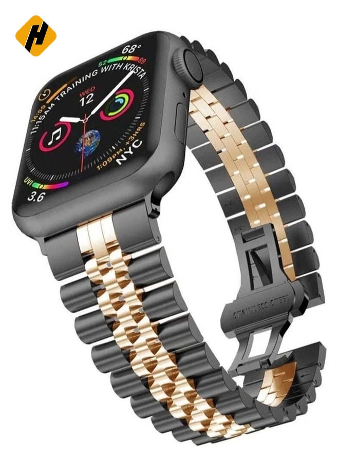 HuHa Replacement Band Compatible with Apple Watch Ultra 49mm 45mm / 44mm / 42mm, Stainless Steel Solid Strap Metal Bracelet for Apple Watch Series 8 7 6 5 4 3 2 SE (Black+Rose Gold)  - Image 1