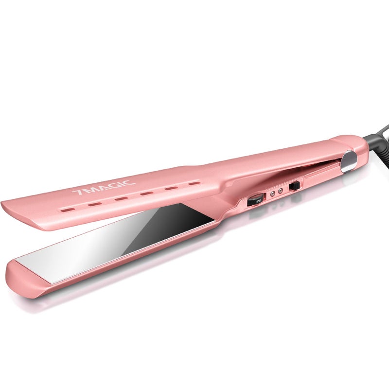 7MAGIC 17 Wide Hair Straightener Nano Titanium Flat Iron for Wet Dry Hair Flat Iron Hair Straightener with 5 Temp MCH Fast Straightening Iron Hair Iron with Dual Voltage Pink