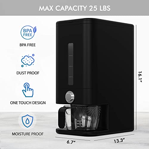 Retail Blade Rice Dispenser - 26.5 lbs Rice Storage Container with Measuring Cup, Rice Scoop & Sponge – Large Cereal Grain Bucket with Scale for Kitchen Pantry Organization, BPA-free, Airtight (Black) - Image 3