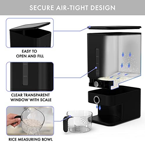 Retail Blade Rice Dispenser - 26.5 lbs Rice Storage Container with Measuring Cup, Rice Scoop & Sponge – Large Cereal Grain Bucket with Scale for Kitchen Pantry Organization, BPA-free, Airtight (Black) - Image 5