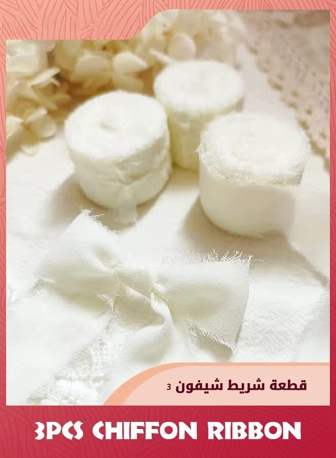 3 لفة الشريط الحريري الشيفون ، 3.8 سم × 5.5 ياردة (5 متر) مجموعة الشريط الشيفون الهامشي اليدوي الصنع ، الشريط الحافة المكسورة لدعوات الزفاف ، تغليف الهدايا ، لف باقة العراس ، الديكور ، DIY الحرف الكريم الأبيض - Image 4