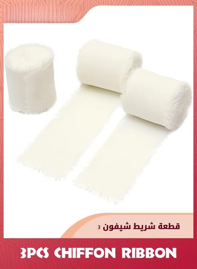 3 لفة الشريط الحريري الشيفون ، 3.8 سم × 5.5 ياردة (5 متر) مجموعة الشريط الشيفون الهامشي اليدوي الصنع ، الشريط الحافة المكسورة لدعوات الزفاف ، تغليف الهدايا ، لف باقة العراس ، الديكور ، DIY الحرف الكريم الأبيض - Image 1