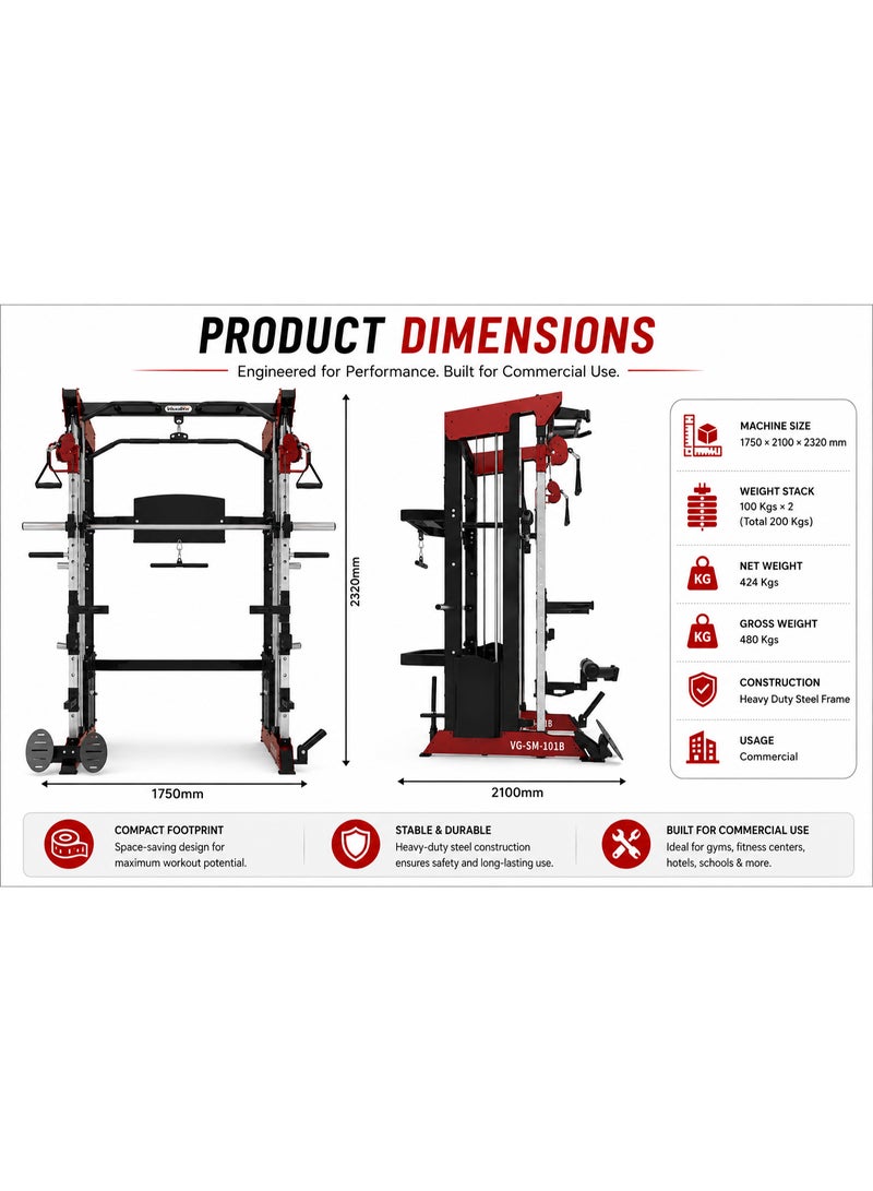فولكسجيم جهاز "سميث" (Smith Machine) تجاري متعدد الوظائف من VolksGym، مزود بمجموعتي أوزان (100 كجم لكل منهما)، ونظام سحب متقاطع (Cable Crossover)، ومحطة لتمارين العقلة (Pull-Up) – طراز VG-SM-101B - Image 4