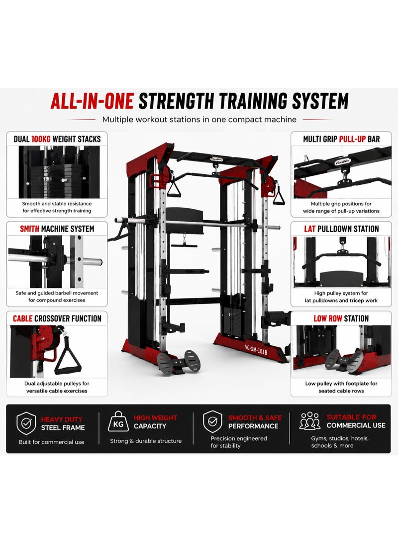 فولكسجيم جهاز "سميث" (Smith Machine) تجاري متعدد الوظائف من VolksGym، مزود بمجموعتي أوزان (100 كجم لكل منهما)، ونظام سحب متقاطع (Cable Crossover)، ومحطة لتمارين العقلة (Pull-Up) – طراز VG-SM-101B - Image 2