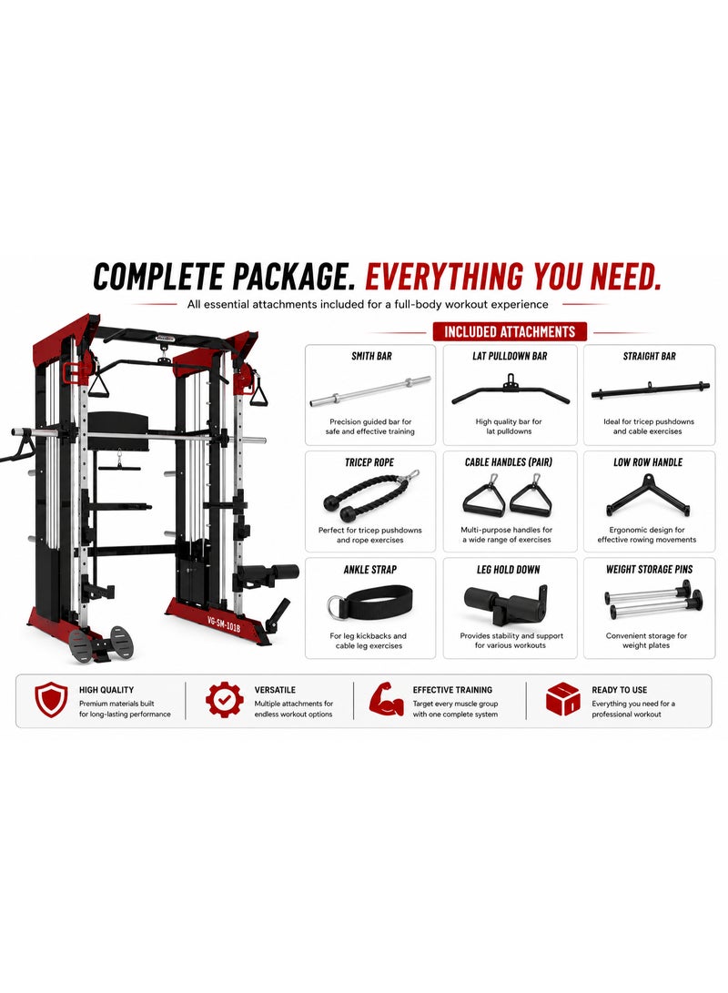 فولكسجيم جهاز "سميث" (Smith Machine) تجاري متعدد الوظائف من VolksGym، مزود بمجموعتي أوزان (100 كجم لكل منهما)، ونظام سحب متقاطع (Cable Crossover)، ومحطة لتمارين العقلة (Pull-Up) – طراز VG-SM-101B - Image 5