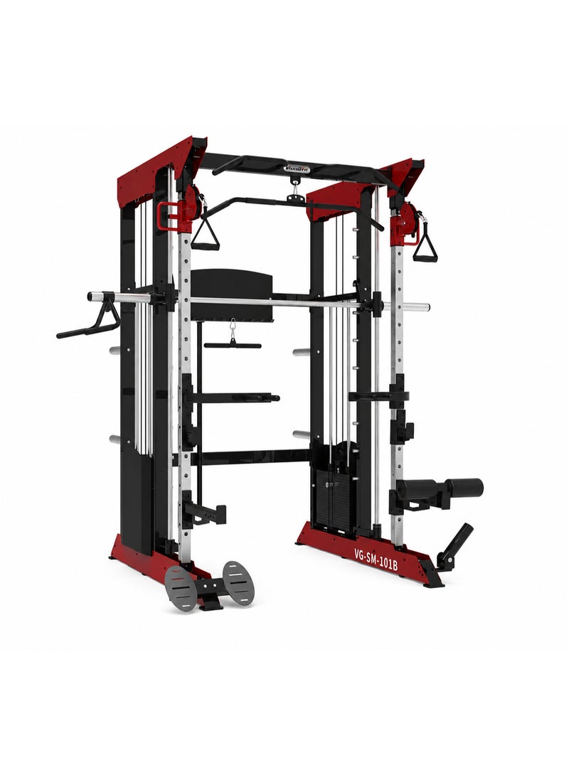 فولكسجيم جهاز "سميث" (Smith Machine) تجاري متعدد الوظائف من VolksGym، مزود بمجموعتي أوزان (100 كجم لكل منهما)، ونظام سحب متقاطع (Cable Crossover)، ومحطة لتمارين العقلة (Pull-Up) – طراز VG-SM-101B - Image 1