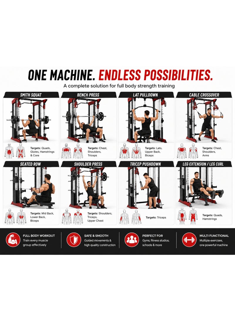 فولكسجيم جهاز "سميث" (Smith Machine) تجاري متعدد الوظائف من VolksGym، مزود بمجموعتي أوزان (100 كجم لكل منهما)، ونظام سحب متقاطع (Cable Crossover)، ومحطة لتمارين العقلة (Pull-Up) – طراز VG-SM-101B - Image 3