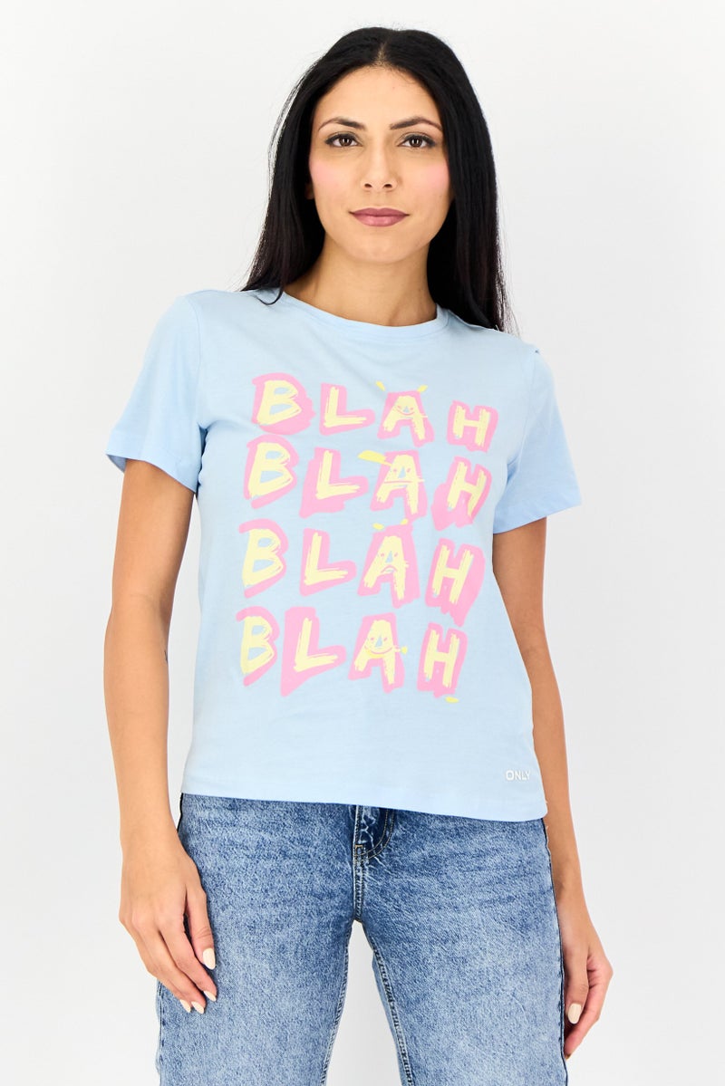 ONLY Women Crew Neck Short Sleeve Graphic Print T-Shirt, Light Blue - Image 1