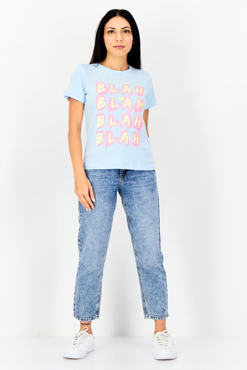 ONLY Women Crew Neck Short Sleeve Graphic Print T-Shirt, Light Blue - Image 3