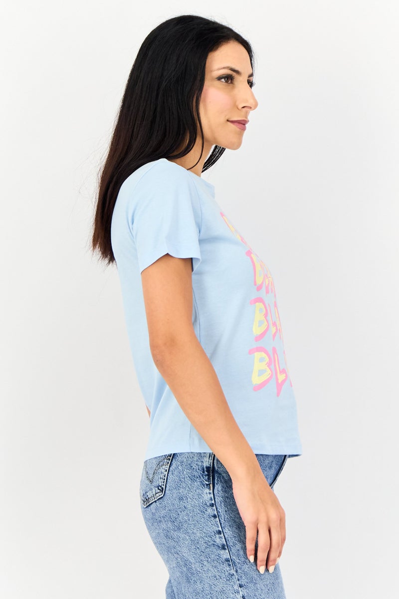 ONLY Women Crew Neck Short Sleeve Graphic Print T-Shirt, Light Blue - Image 4