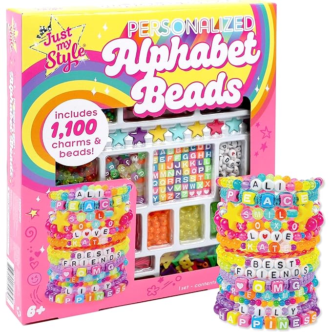 Just My Style ABC Beads by Horizon Group Usa, 1000+ Charms & Beads, Alphabet Charms, Accent Seed Star Wax Beading Cord, Satin Cord Key Ring Included, Bright