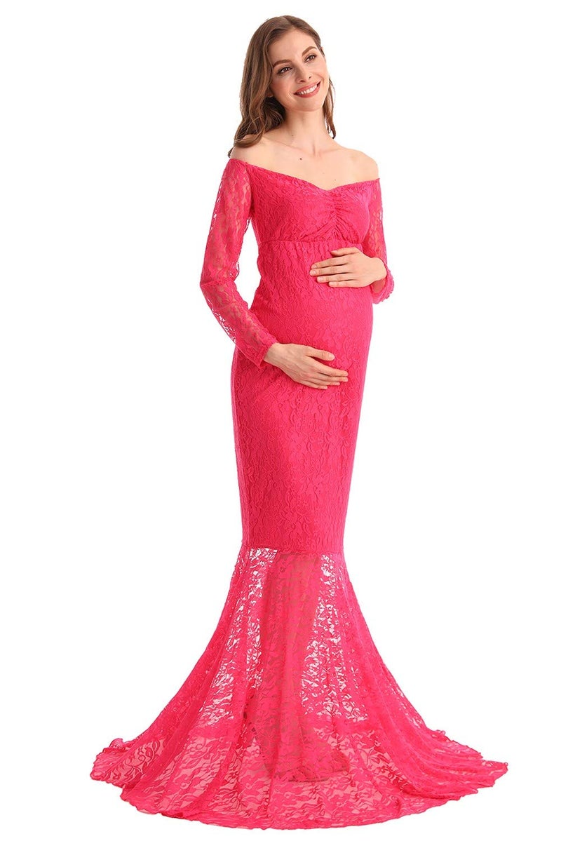 HIHCBF Women Mermaid Maternity Lace Dress V Neck Off Shoulder Slim Fit Bridesmaid Wedding Baby Shower Photo Shoot Gown Hot Pink S - Image 4