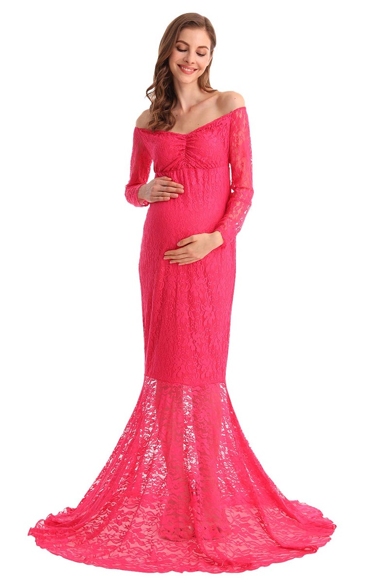 HIHCBF Women Mermaid Maternity Lace Dress V Neck Off Shoulder Slim Fit Bridesmaid Wedding Baby Shower Photo Shoot Gown Hot Pink S - Image 1