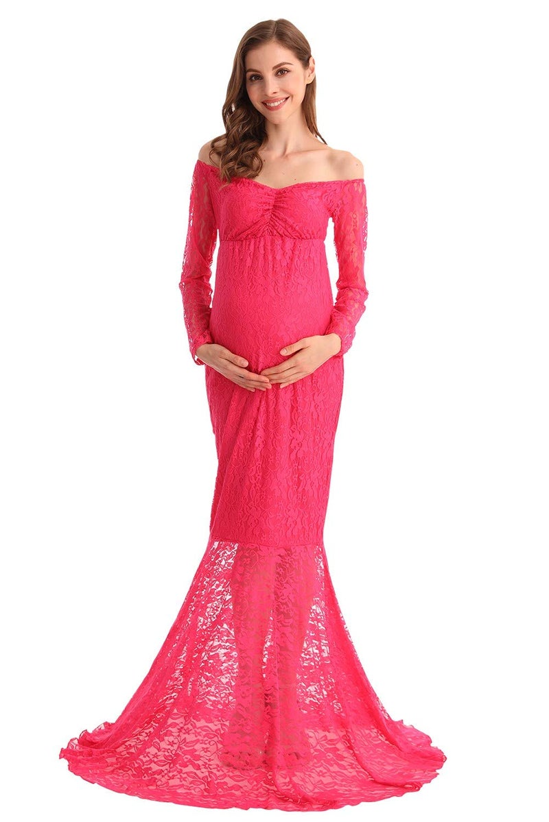 HIHCBF Women Mermaid Maternity Lace Dress V Neck Off Shoulder Slim Fit Bridesmaid Wedding Baby Shower Photo Shoot Gown Hot Pink S - Image 2